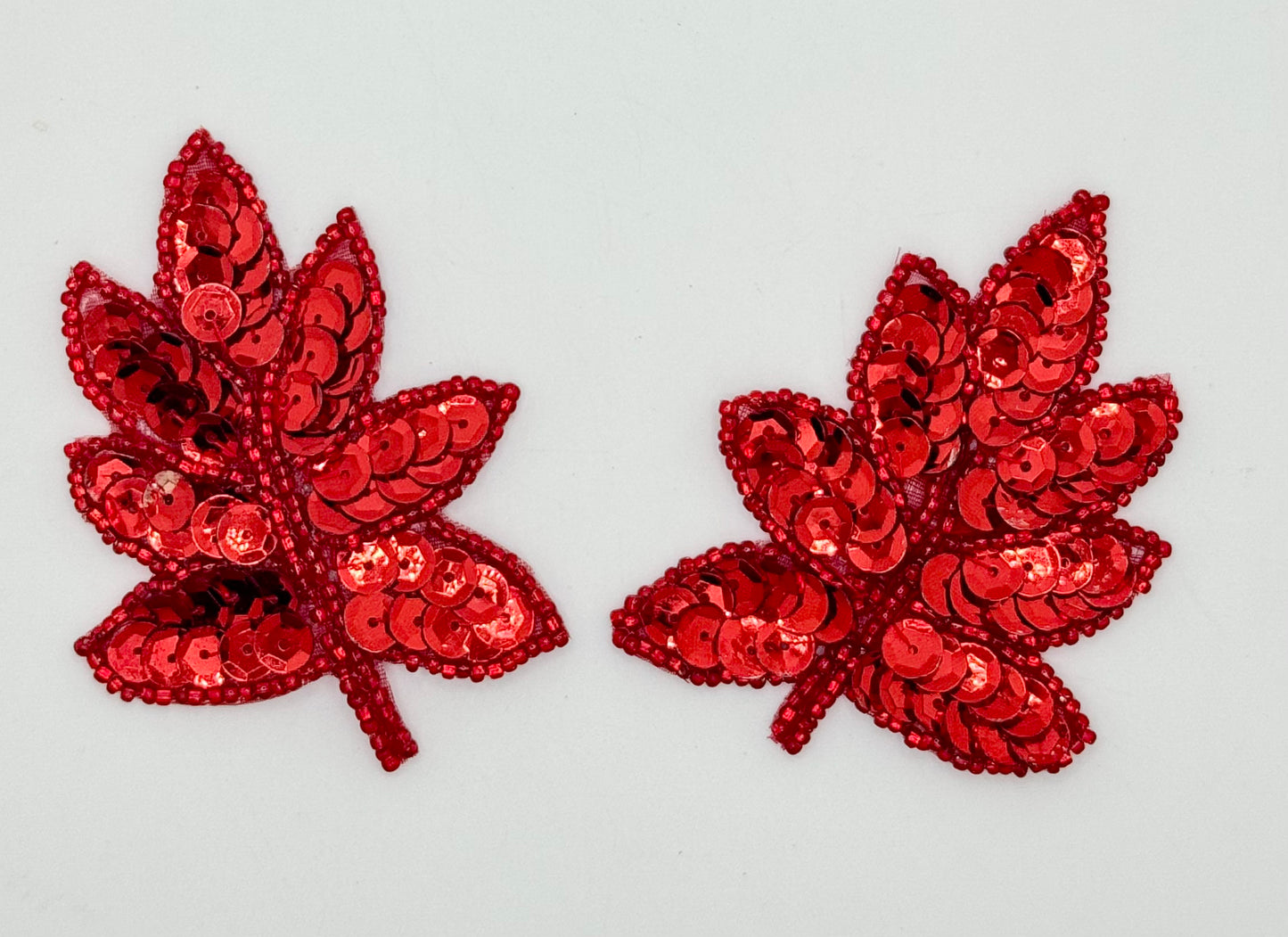 Leaf Pair with Red Sequins and Beads 2" x 2.5"