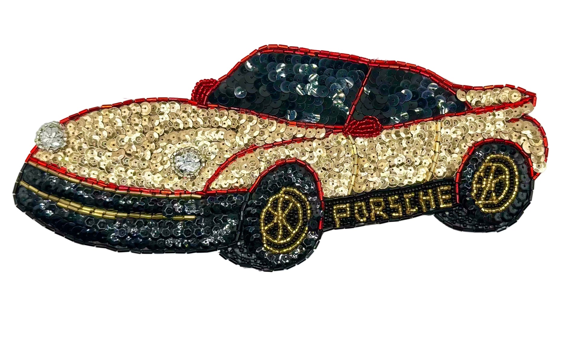 A Porsche-themed car-shaped embellished vintage patch featuring gold and black sequins, red trim, and the word 'PORSCHE' on the side, shown on a plain white background.