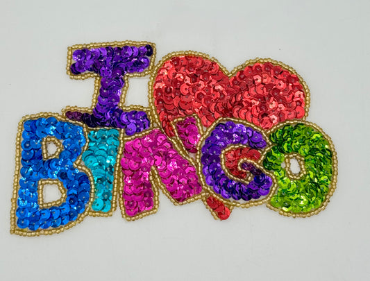 "I Love Bingo" MultiColor Sequins and Gold Beads 3" x 5"