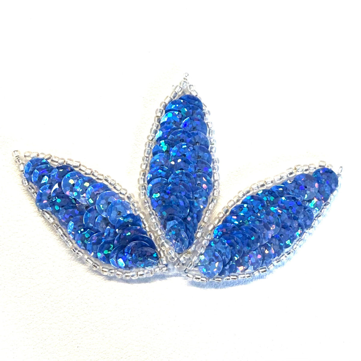 Leaf Appliqué - Choice of Royal Blue or Dusk Blue Iridescent Sequins - Silver Glass Beads - 3.25" x 2"