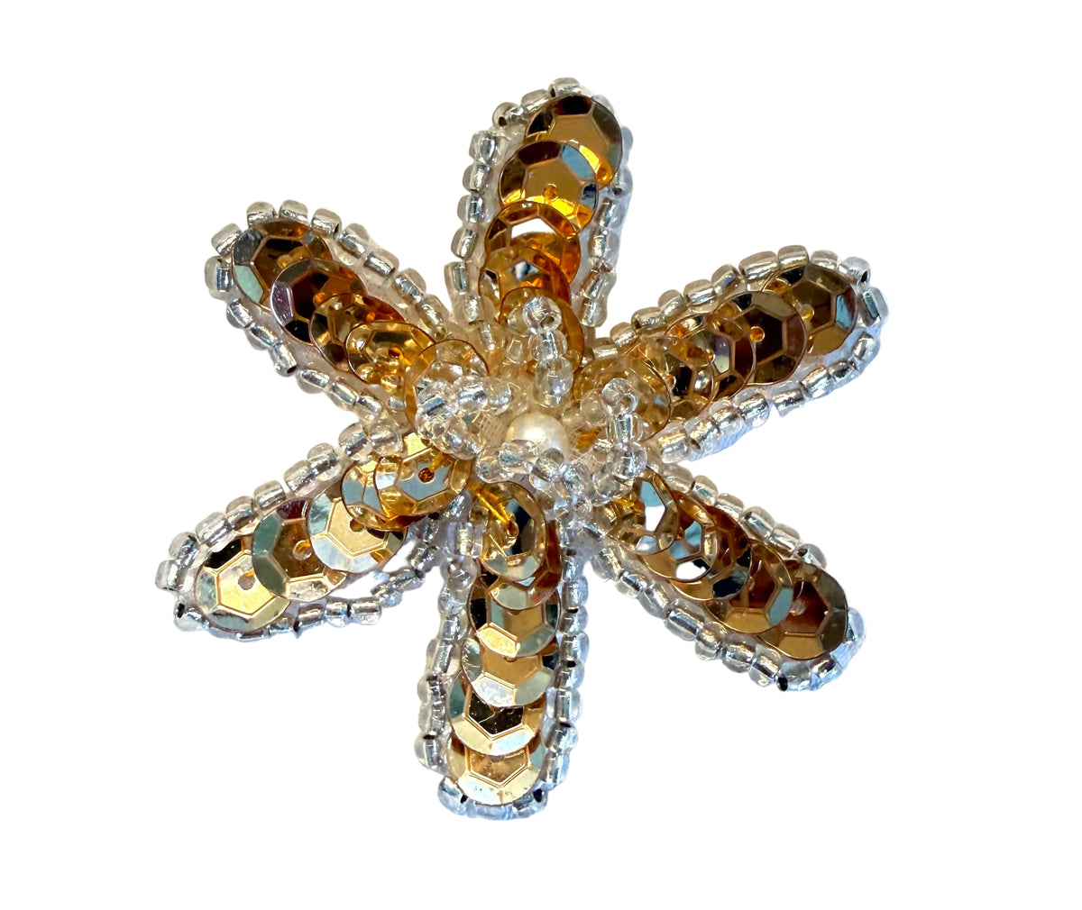 Gold Sequin Flower Appliqué, Silver or Gold Glass Beads, Center Pearl – 2 in