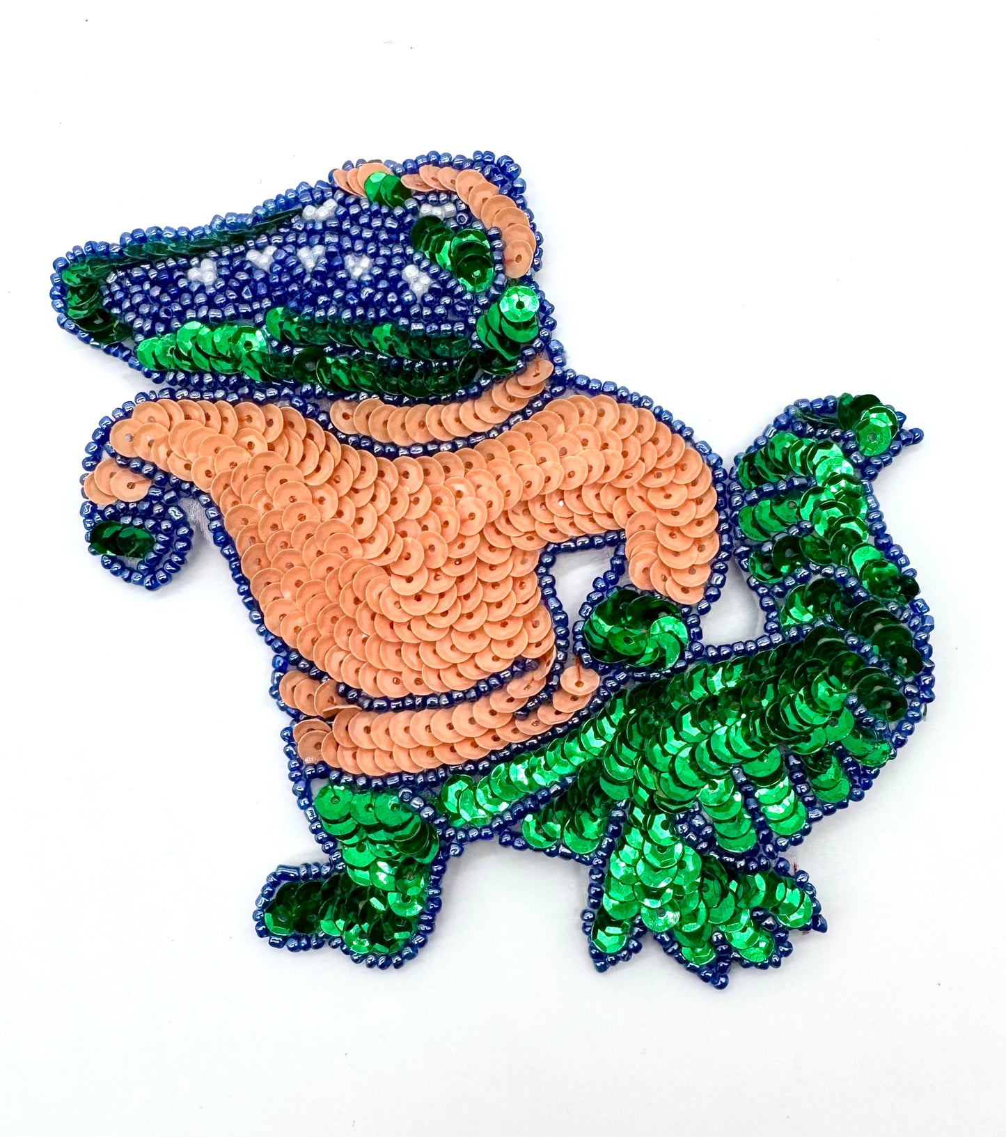 Alligator with Peach and Green Sequins and Beads with a Felt Backing 5" x 4.5"