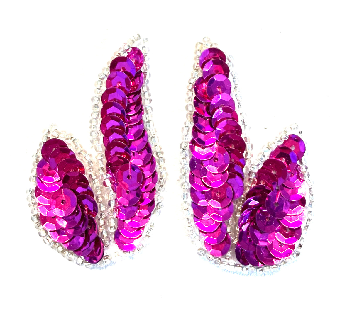 Leaf Appliqué – Fuchsia Sequins & Silver Beads | 2" x 1.5" (Single or Pair)