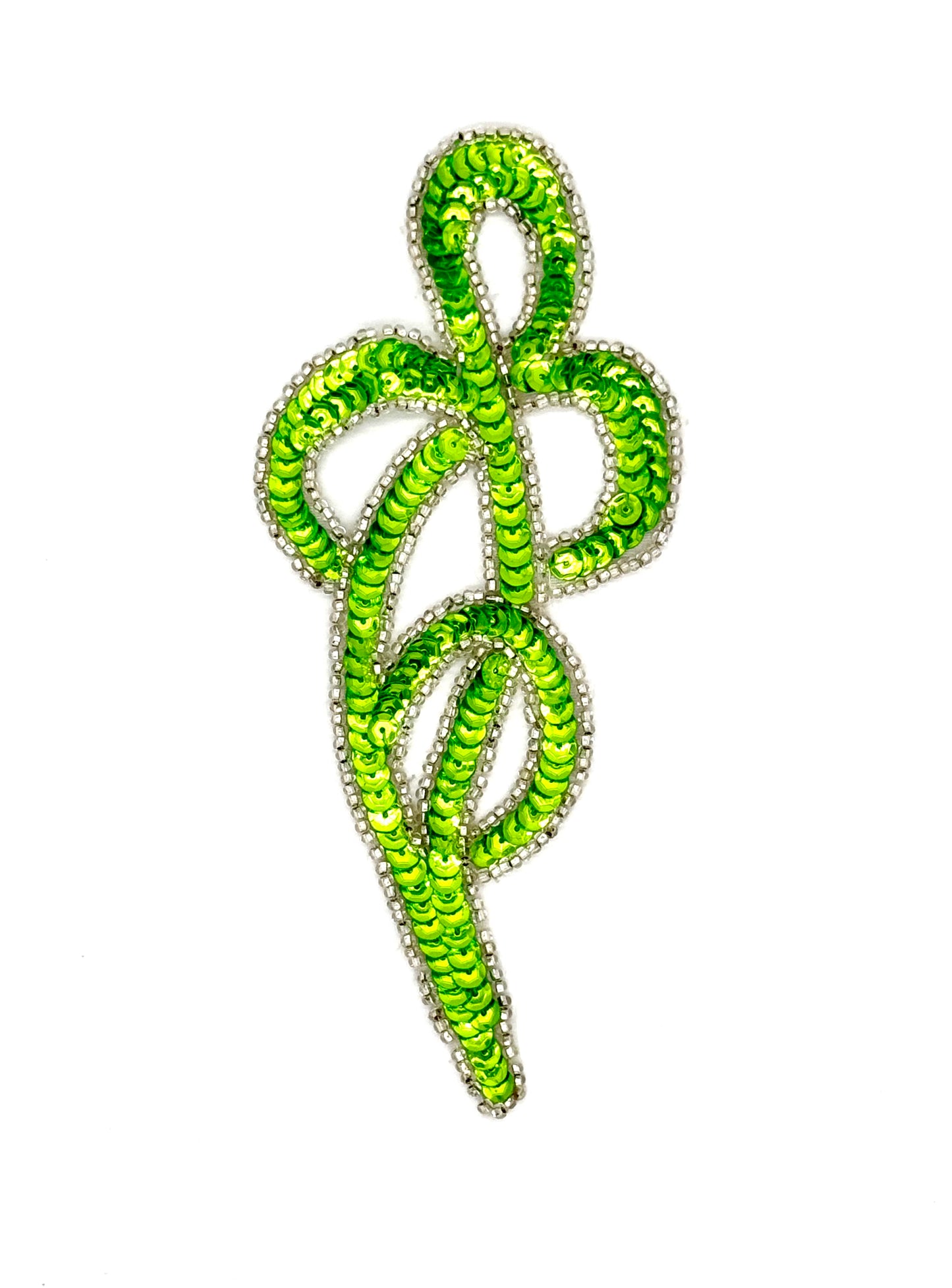Designer Motif Single Swirl -  Lime Green Sequins - Silver Beaded Trim 7" x 3"