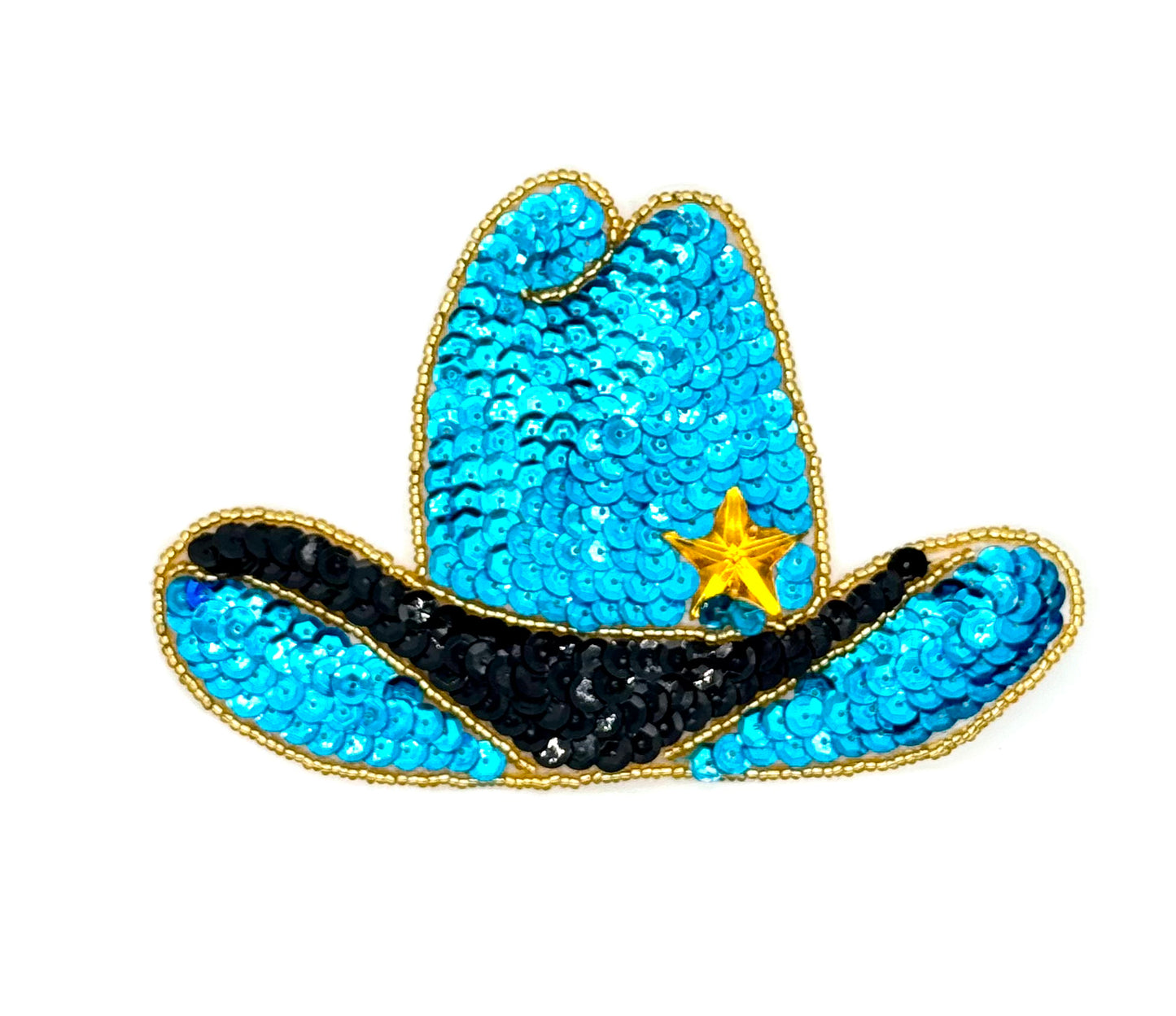 Blue sequin cowboy hat with a yellow star on a white background
