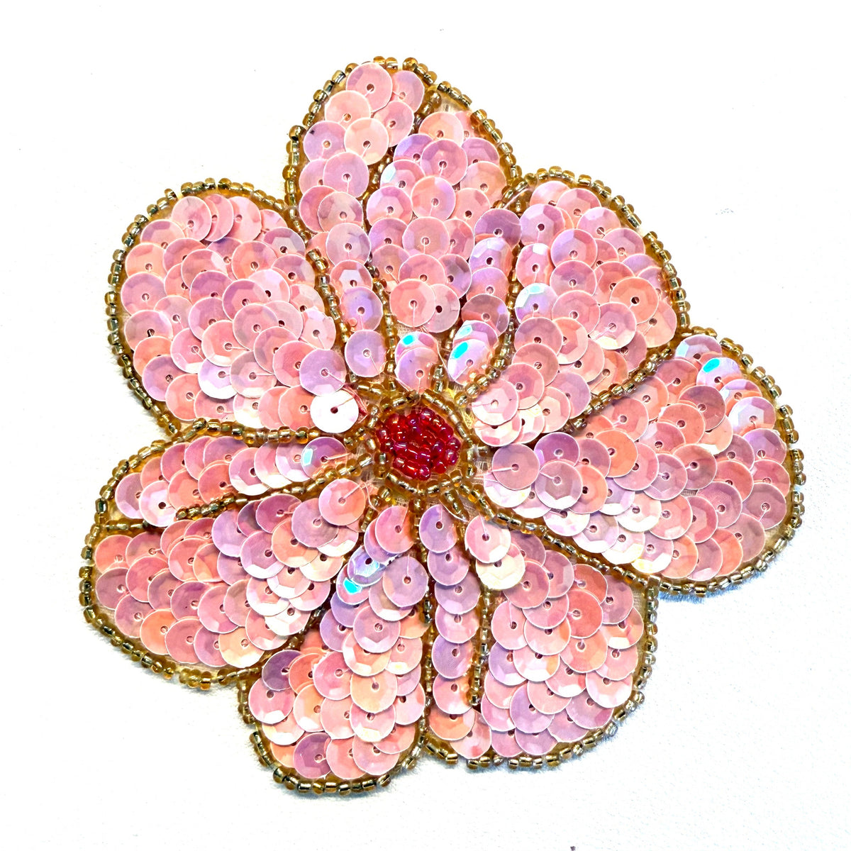 Sequin Flower Appliqué with Gold Glass Beads, Pink, Purple, or Peach 4"