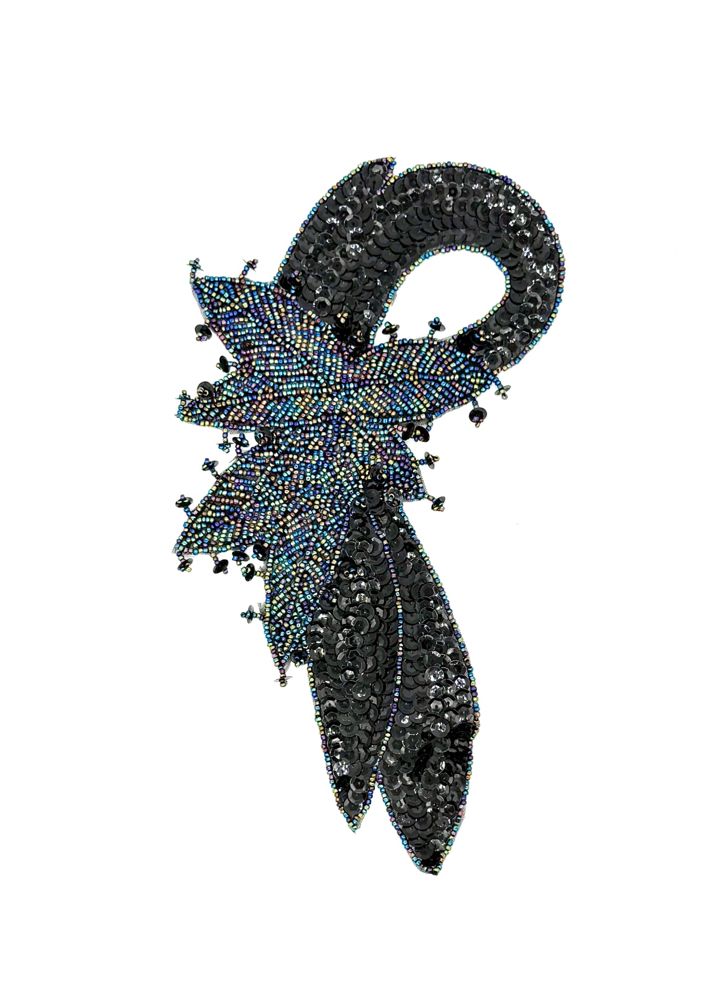 Black beaded appliqué with beaded feather-like design on a white background
