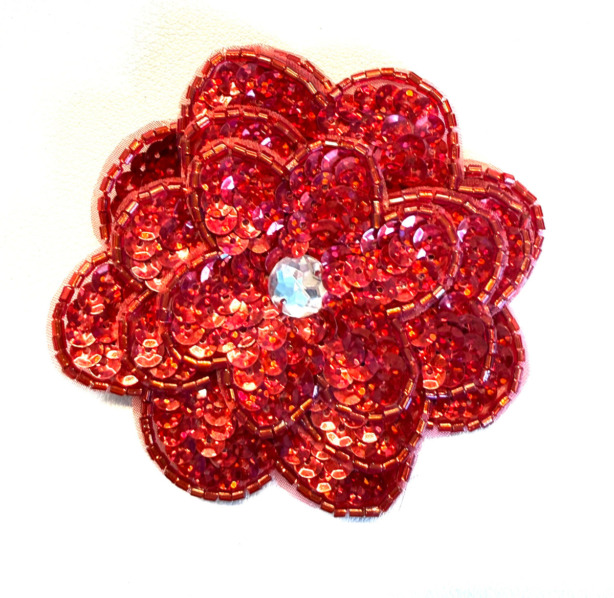 Red Laser Sequin Flower with 4 Petal Layers & Large Rhinestone, 2 or 3 in