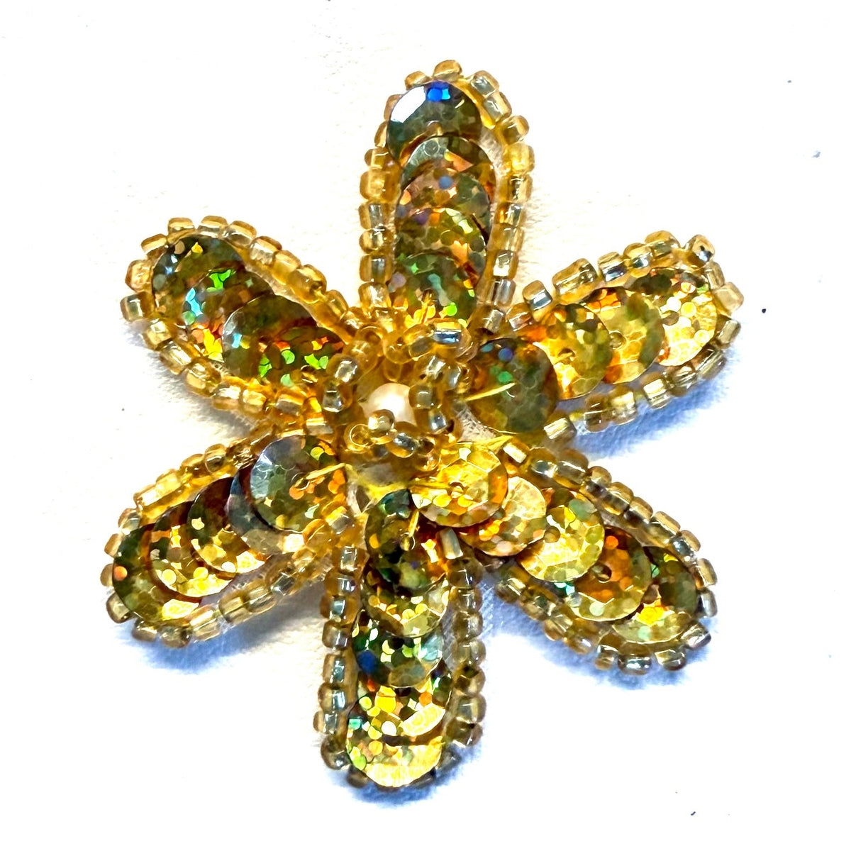 Gold Sequin Flower Appliqué, Silver or Gold Glass Beads, Center Pearl – 2 in