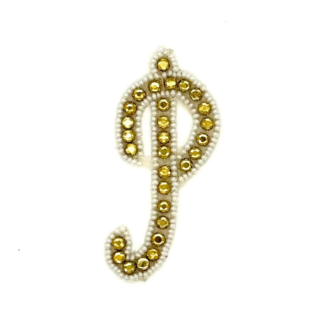 3” Letter P Appliqué - White Beads - AB Rhinestones