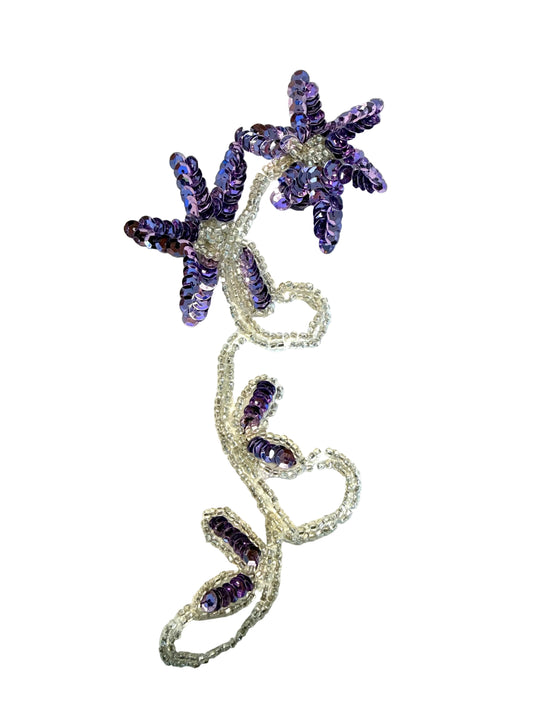 Flower Appliqué - Purple Sequins - Silver Beads - Rhinestone, 8" x 3"