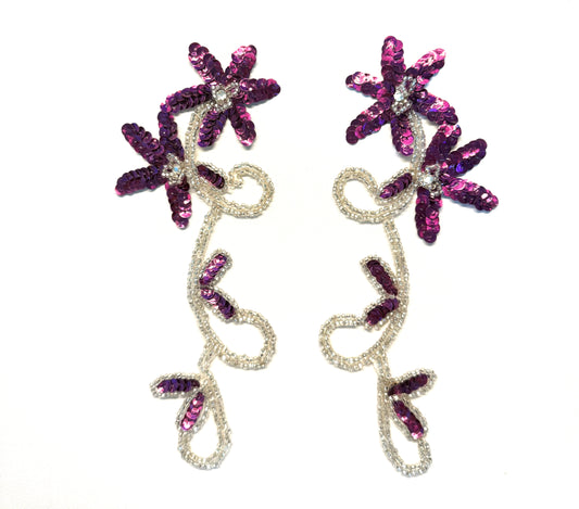 Flower Pair Appliqué – Purple Sequins & Silver Beads | 8" x 3"