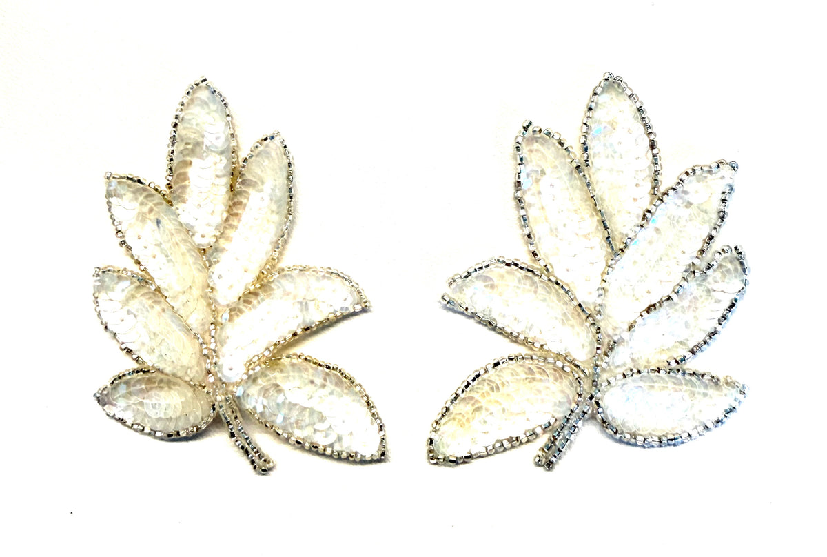 Leaf Pair Applique - Iridescent Sequin & Silver Beads 4" x 3.25"