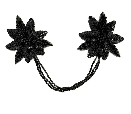 Epaulet Flower - Black Sequins - Black Beads 10”x 2.5”
