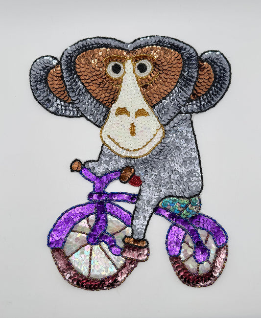 Monkey Appliqué Riding a Tricycle Multi-Color Sequins and Beads 8.5" x 10.5"