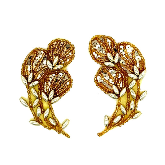 Flower Pair Appliqué - Gold Sequins - Bugle and Glass Beads 3" x 1.5"