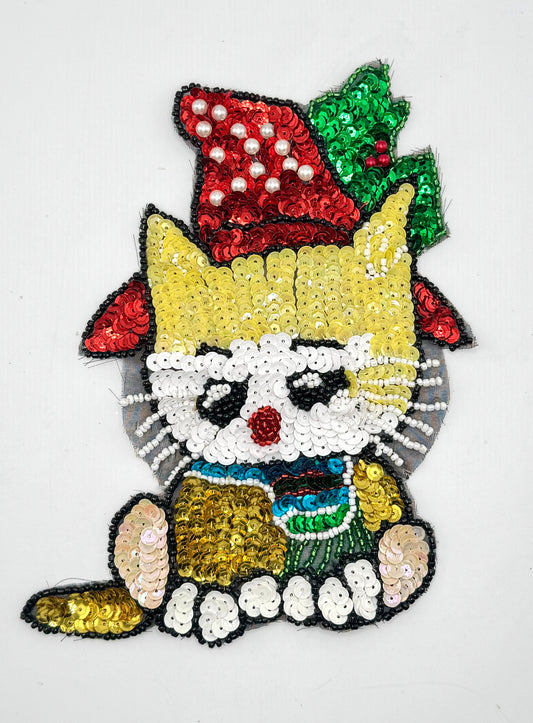 Cat Dressed Up with a Red Hat with Christmas Holly - Multicolored Sequins and Beads 7” x 5.25”