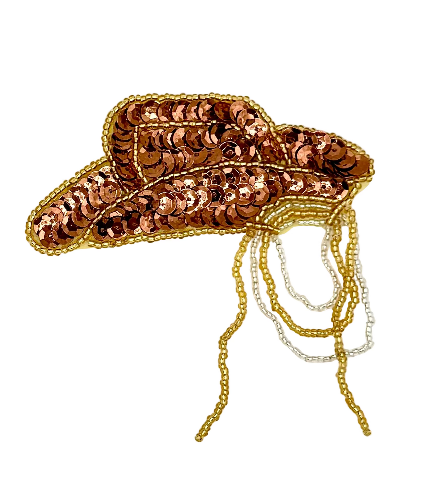 Bronze sequin and bead cowboy hat with rope on a white background