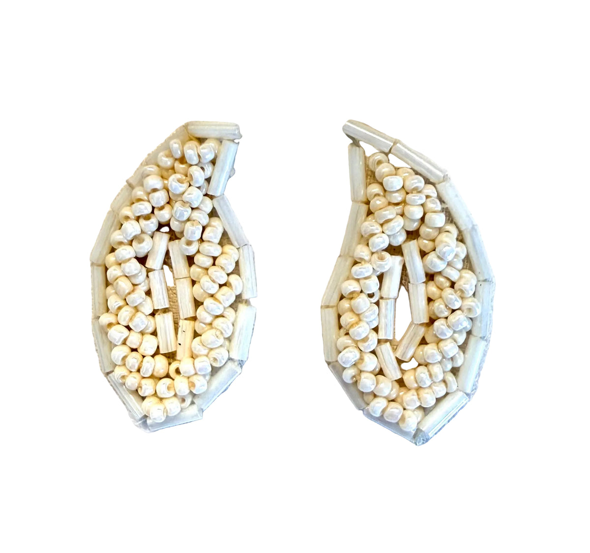 Ivory Bugle & Glass Bead Leaf Appliqué Pair - 1.5" x 1.25"