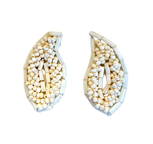 Ivory Bugle & Glass Bead Leaf Appliqué Pair - 1.5" x 1.25"