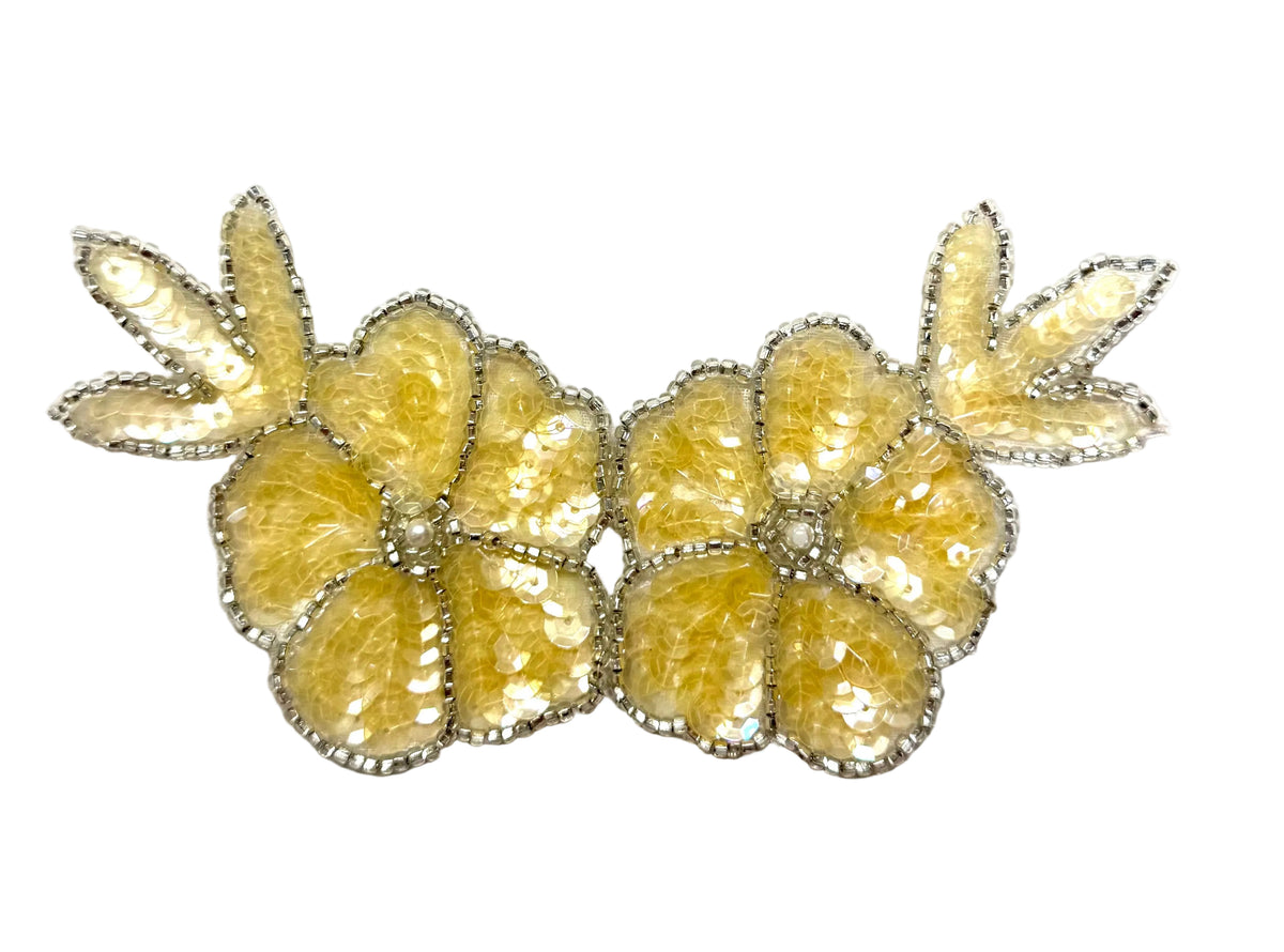 Double Flower Appliqué - Choice of Color Sequins - Glass Beads - Pearl Center 5.5” x 3”