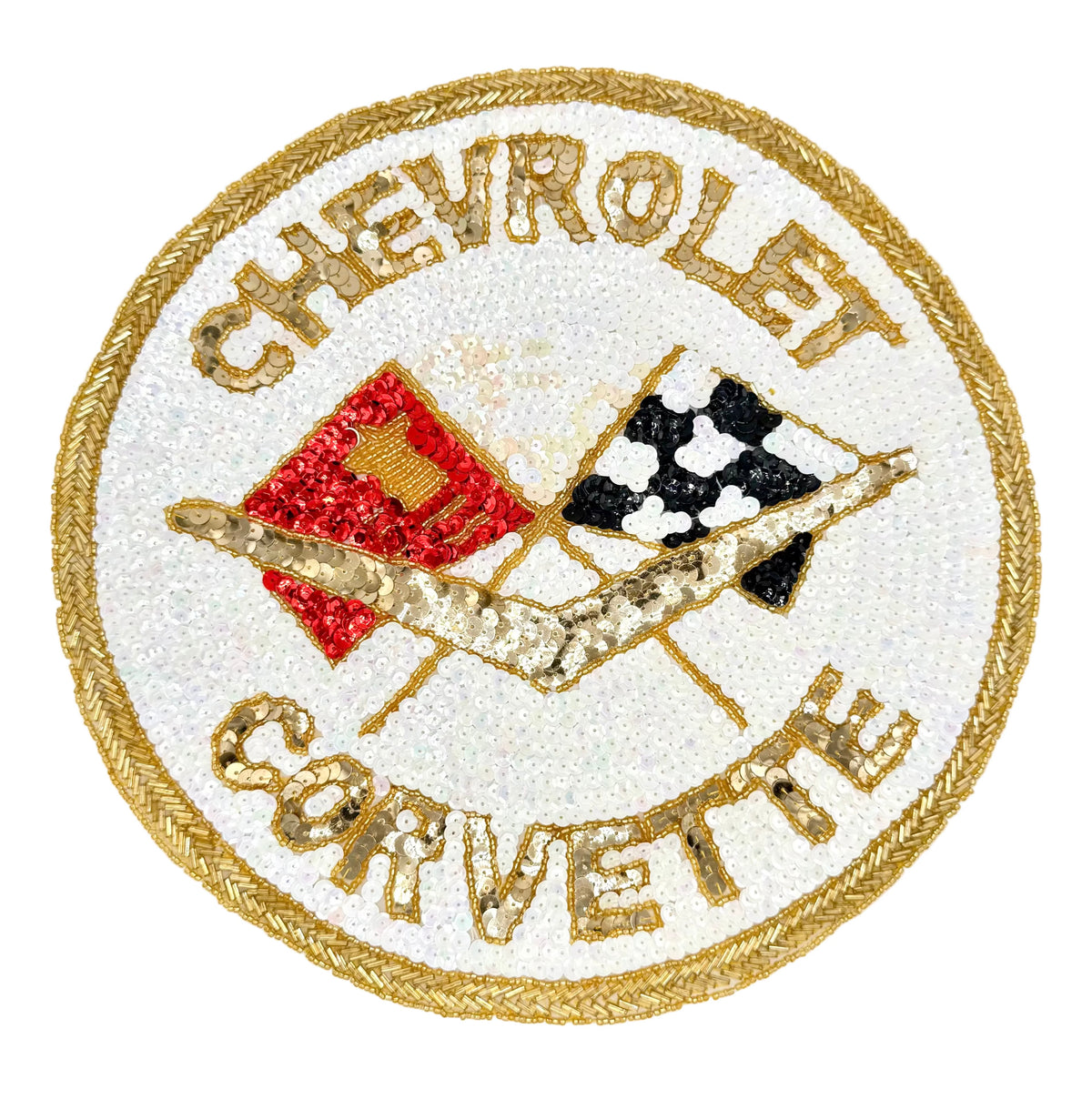 Vintage Sequin patch with 'Chevrolet Corvette' text and racing flags on a white background