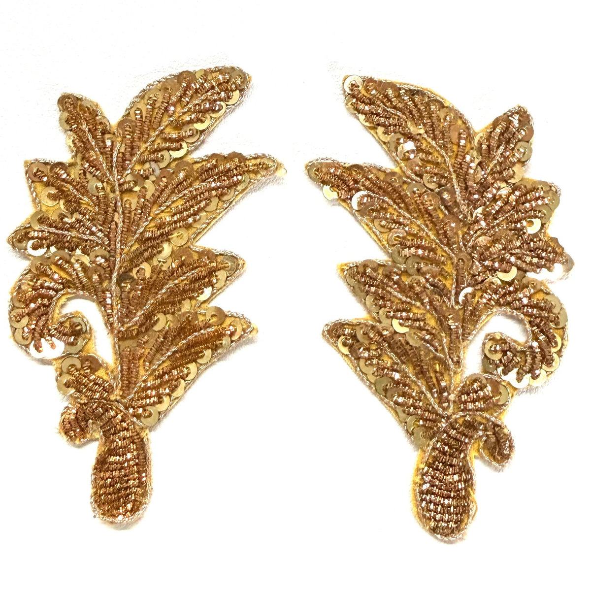 Leaf Pair or Single Appliqué - Gold Sequins - Gold Bullion Thread 3.5" x 2.25"