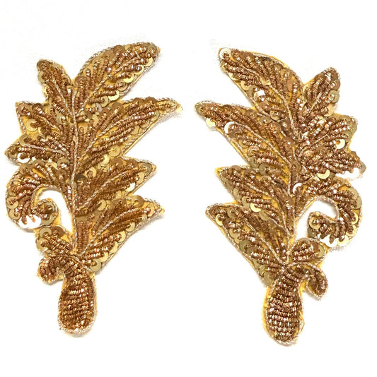 Leaf Pair or Single Appliqué - Gold Sequins - Gold Bullion Thread 3.5" x 2.25"