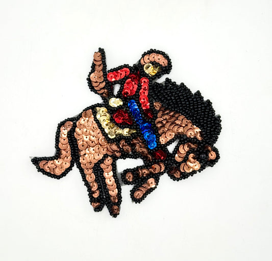 Rodeo Bucking Horse and Cowboy with Bronze, Gold, Red and Royal Blue Sequins with Black Beads 4.5" x 3.75