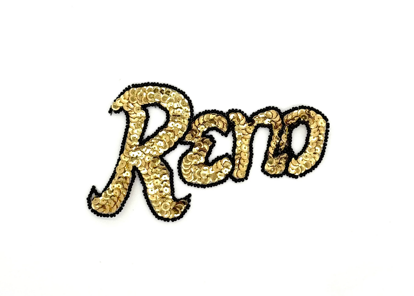 The Word “Reno” - Gold Sequin - Black Glass Beads 5" x 3.25"
