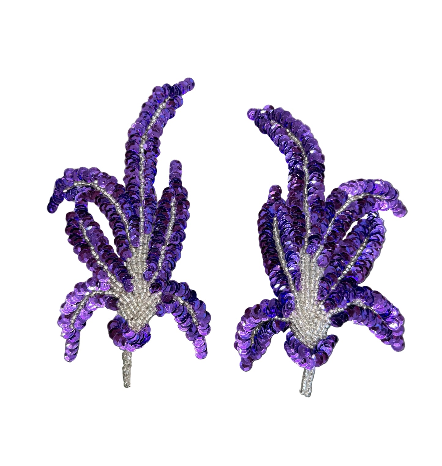 Flower Pair Appliqué - Purple Sequins - Silver Glass Beads 6.25" x 3.25"