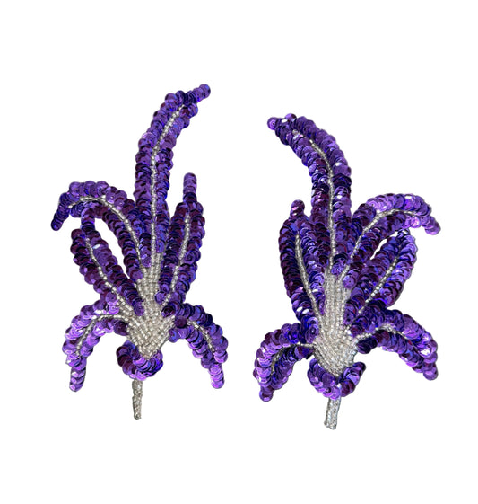 Flower Pair Appliqué - Purple Sequins - Silver Glass Beads 6.25" x 3.25"