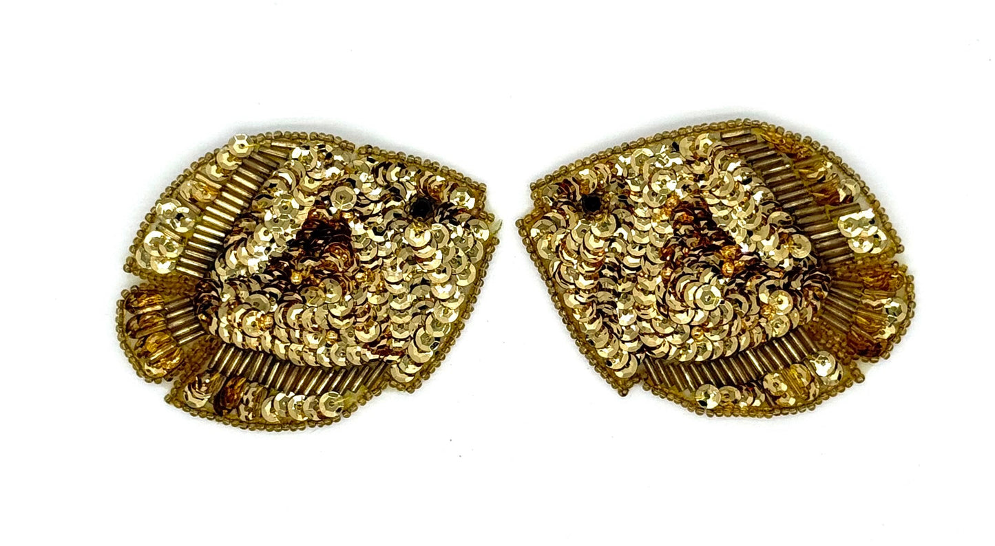 Vintage Fish Pair Applique - Gold Sequins/Beads 3" X 2.5"