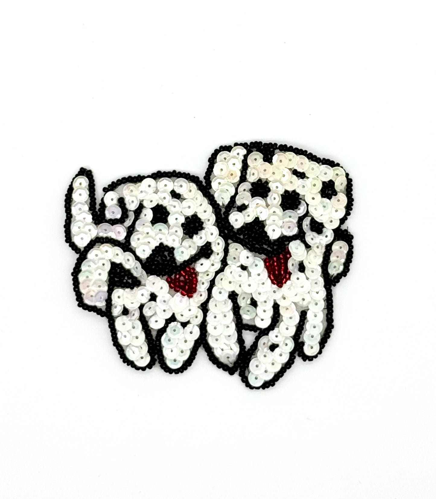 Two Dalmatian Puppies with Black and White Sequins - Black and Red Beads 3.75” x 3.25”
