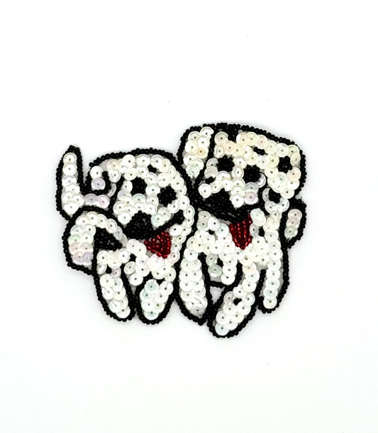 Two Dalmatian Puppies with Black and White Sequins - Black and Red Beads 3.75” x 3”