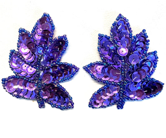 Purple Sequin & Beaded Leaf Appliqué, 2" x 1"