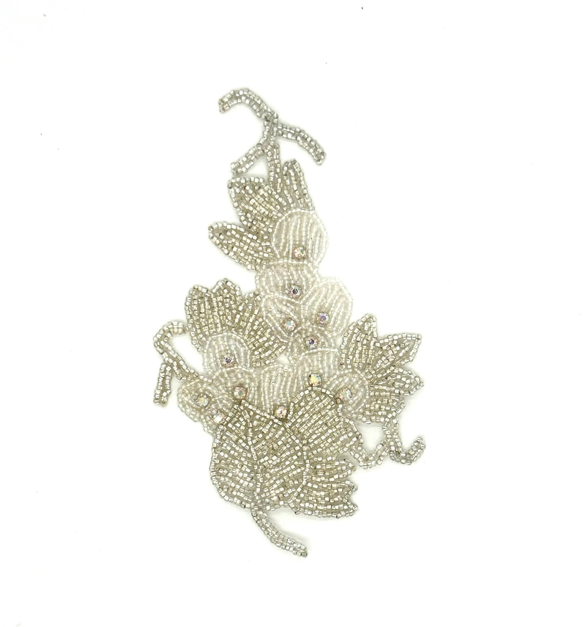 Silver Beaded Flower & Leaf Appliqué with 12 AB Rhinestones – 6.5" x 4"