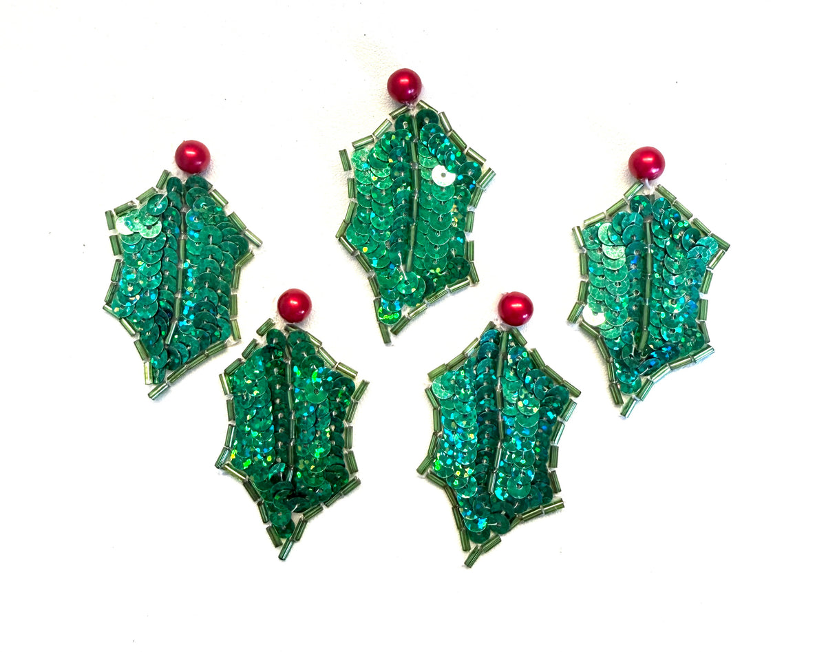 Holly Berry Leaf Sequin & Bead Appliqué - 2.25" x 1.5" - Singles or Pairs