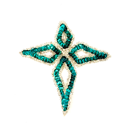 Motivo de diseño en forma de estrella con lentejuelas verde azulado y cuentas plateadas 4.5"x 4.25"