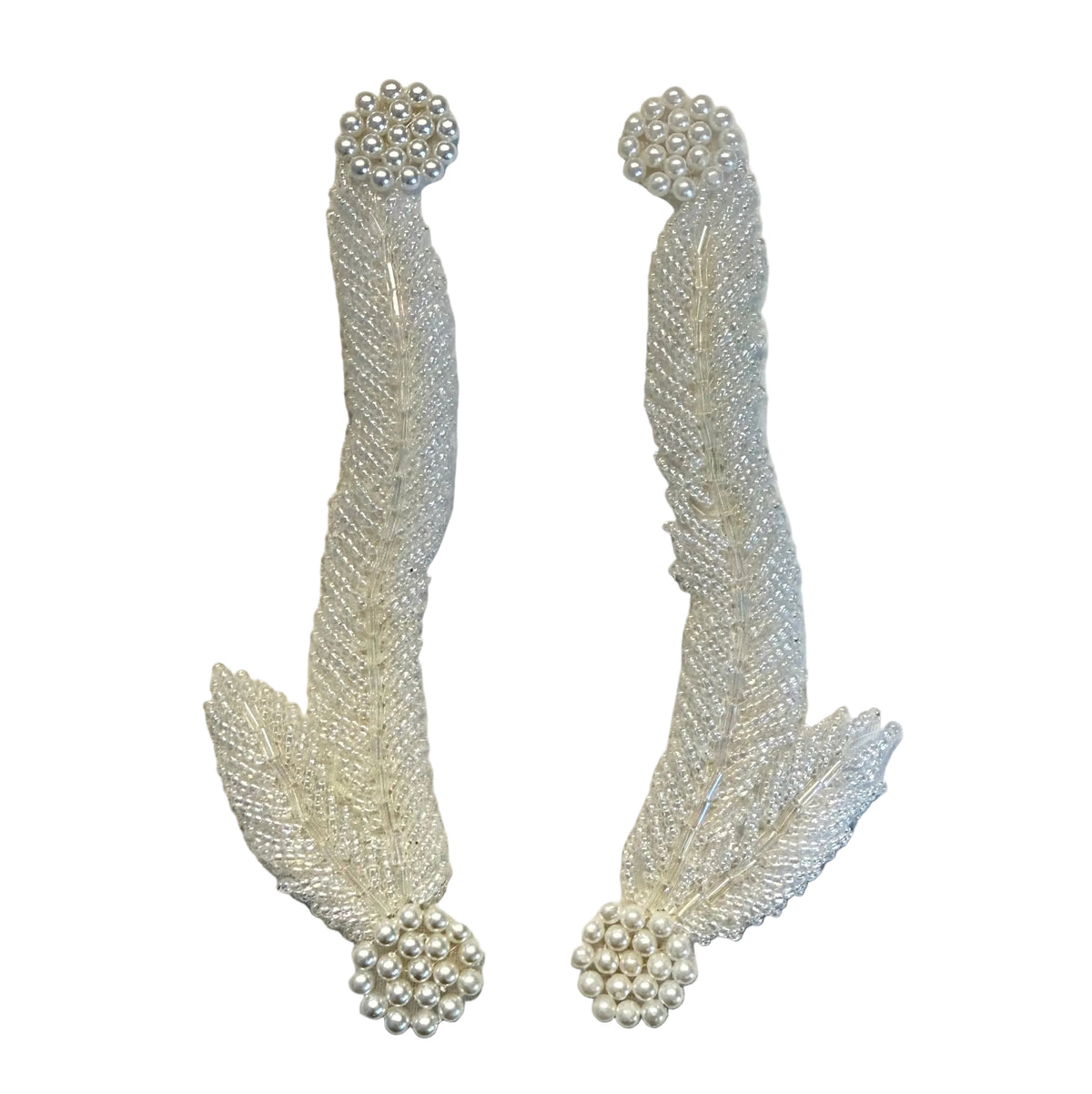 Leaf Pair Applique - Iridescent White Bugle & Glass Beads - White Pearls 6" x 1.5"