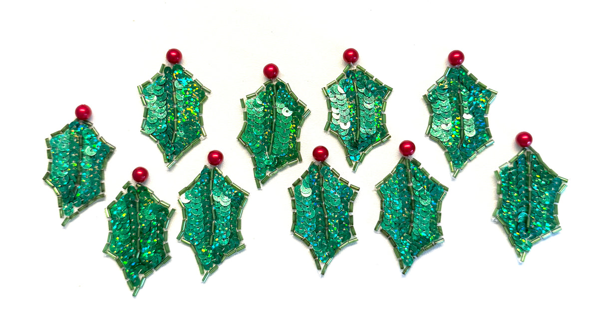 Holly Berry Leaf Sequin & Bead Appliqué - 2.25" x 1.5" - Singles or Pairs