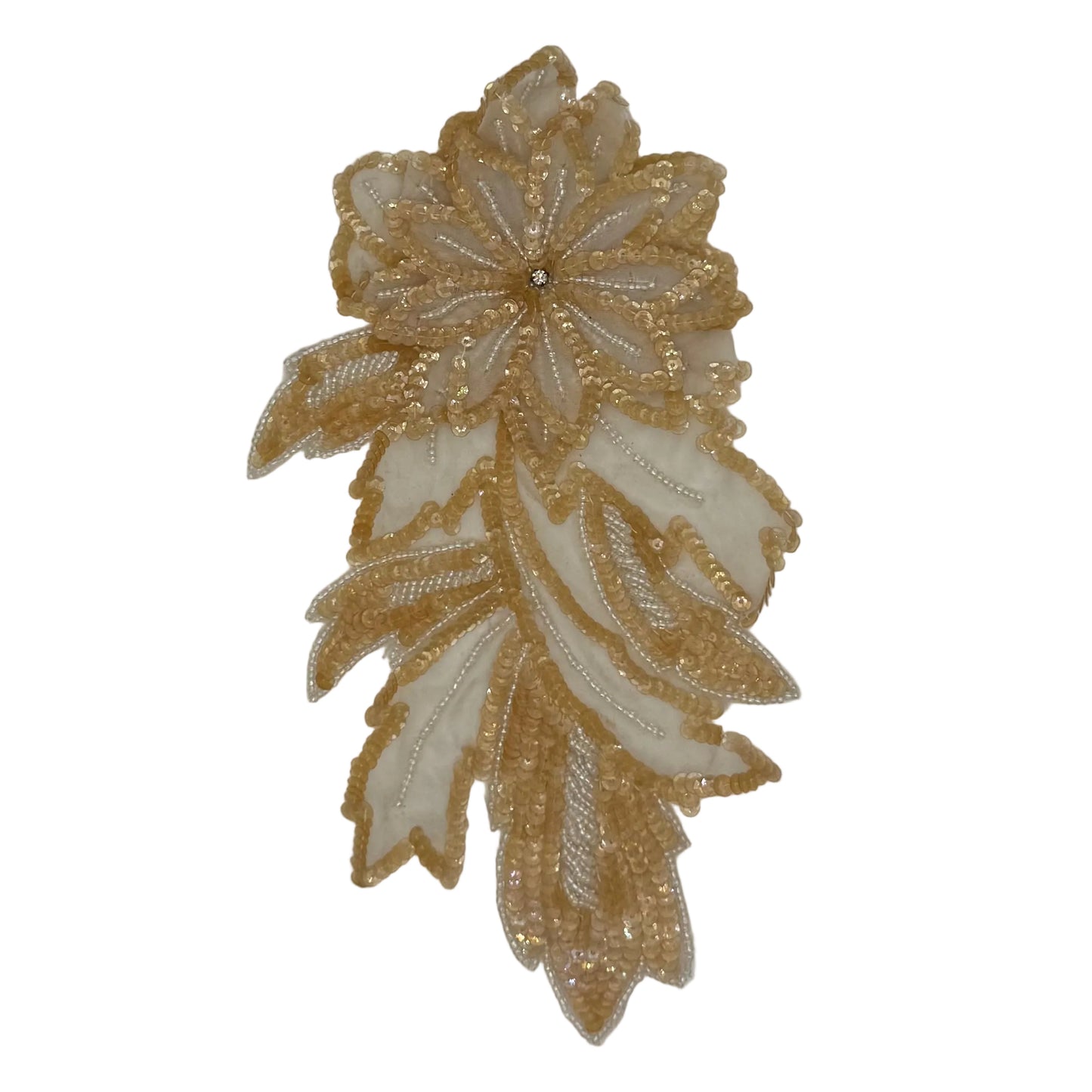 Flower Appliqué – Champagne Gold Iridescent Sequins & Glass Beads – Rhinestone Center – 10.25" x 5.75"