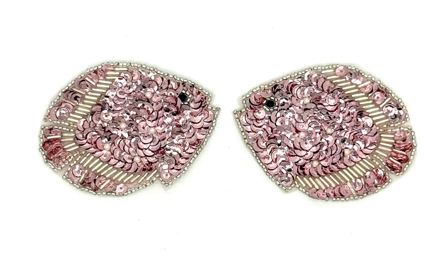 Fish Pair Appliqué - Pink Sequins - Silver Beads 3" X 2.5"