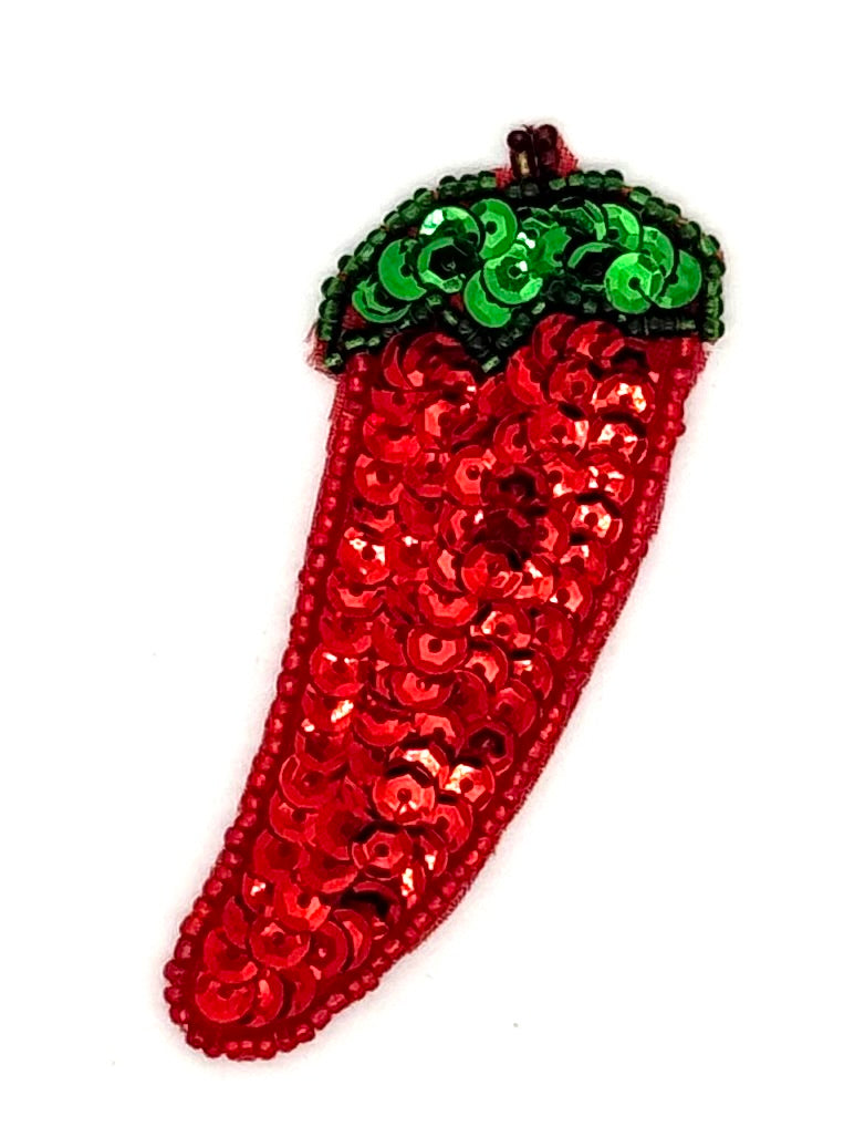 Chili Pepper Appliqué - Red/Greed Sequins - Glass Beads 3.25" x 1.25"