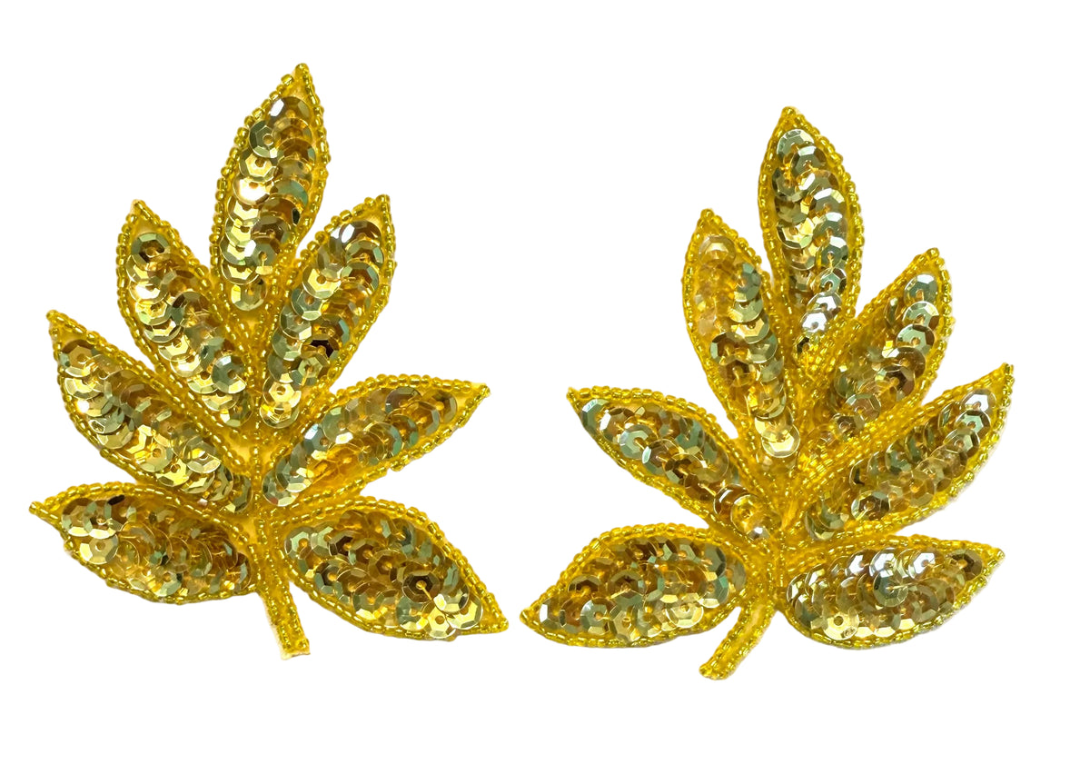 Gold Sequin & Glass Bead Leaf Appliqué, Single or Pair, 4" x 3.25"