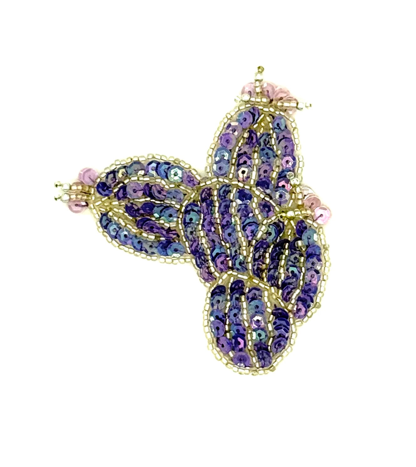 Aplique de cactus florecido con lentejuelas moradas y flores de lavanda 3" x 3"