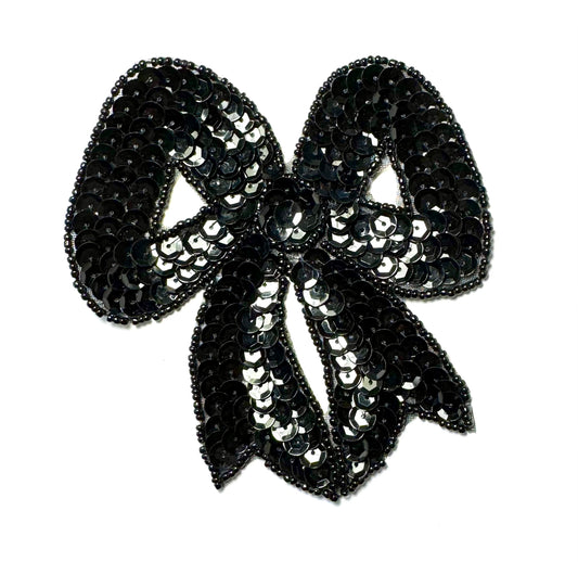 Bow with Black Sequins and Beads 4.5" x 4"