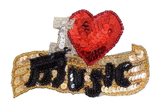 "I Heart (Love) Music" Appliqué  - Multicolored Sequins - Glass  Beads - Choice of Size 4.5" x 3" or 8" x 6"
