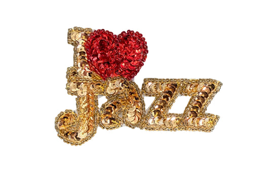 "I heart (Love) Jazz" Appliqué - Gold/Red Sequins - Glass Beads - Choice of Size 4.5" x 3" or 3" x 2.25"