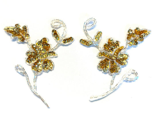 Gold Sequin Flower Appliqué with Silver Beads – 4" x 5", Single or Pair